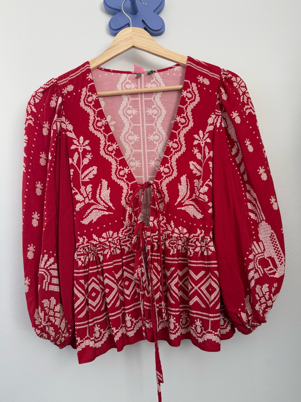 Farm Rio XS Red Floral Blouse Tie Front Tropical Resort Relaxed Balloon Sleeve